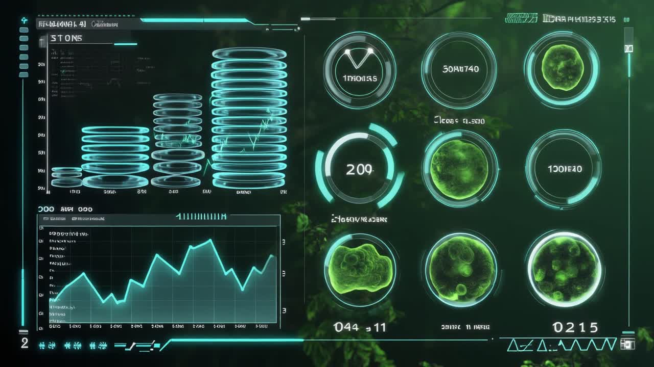 Futuristic Digital Interface Displaying Biological Data and Graphs