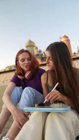dos mujeres jóvenes colaborando en una tabla de dibujo en un techo