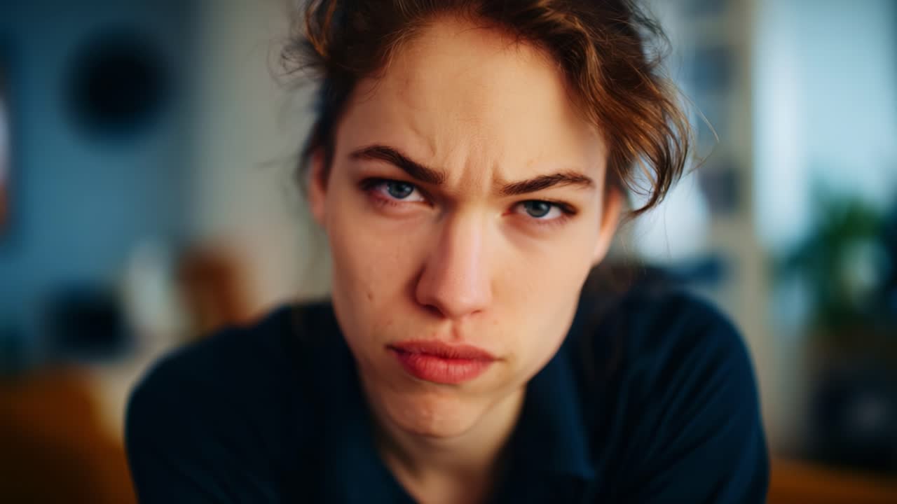 Close-Up Portrait of a Young Woman Expressing Intense Emotion with a Serious and Concerned Expression, Engaged in Deep Thought or Contemplation in a Relaxed Setting