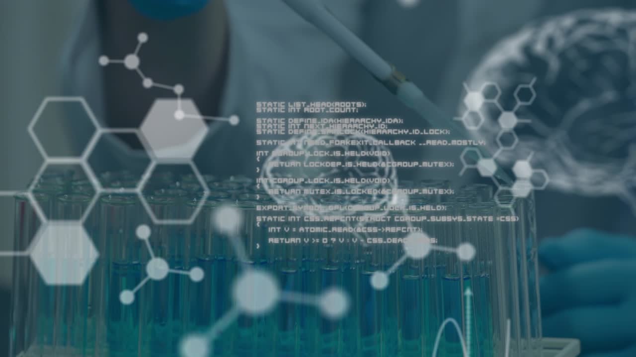 Animation of digital brain, molecules and data processing over caucasian scientist in lab