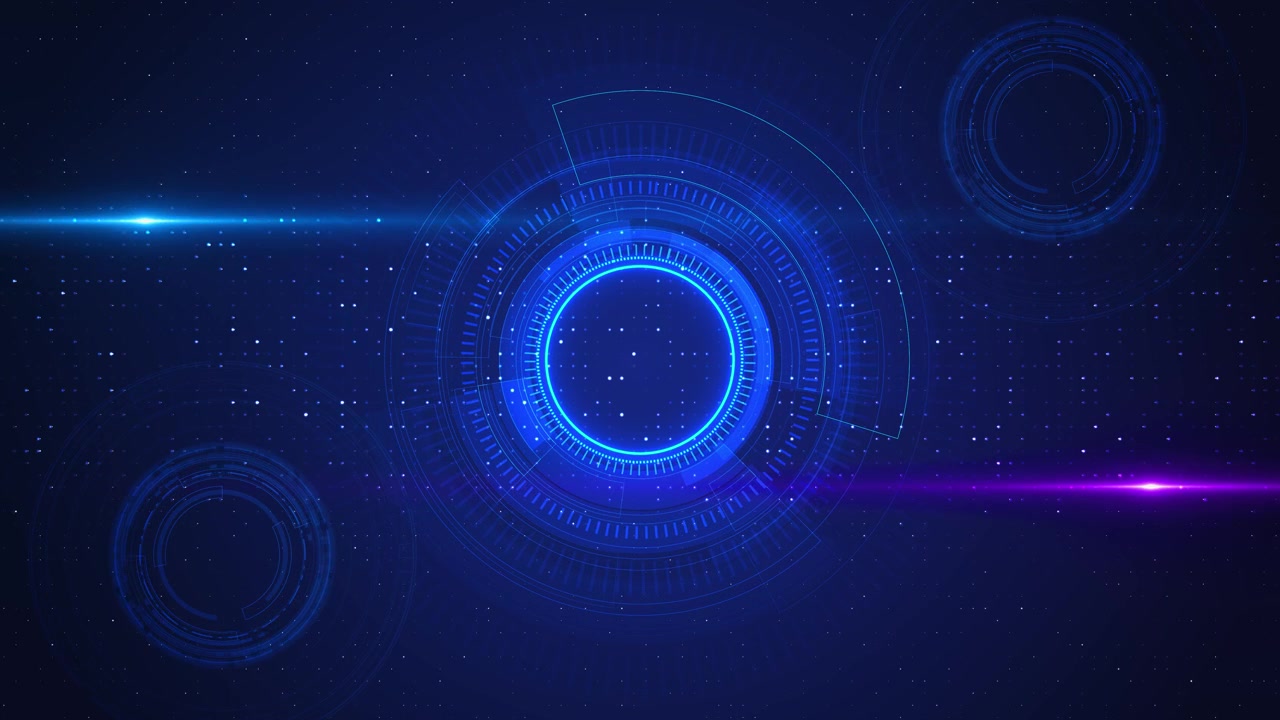 Futuristic blue radar rings visual with central glowing circle side orbit elements star particles