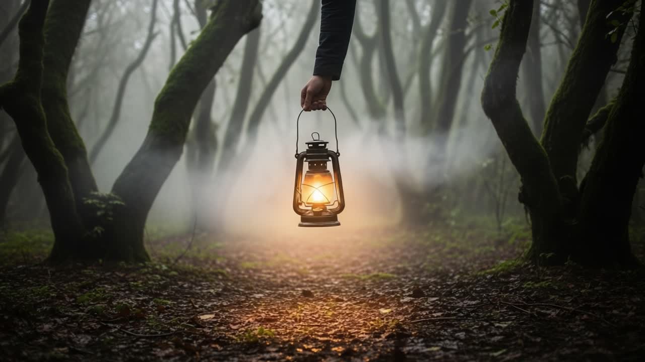 A solitary figure navigates through a misty forest, holding an old-fashioned lantern that illuminates the path, surrounded by eerie trees in a captivating atmospheric scene