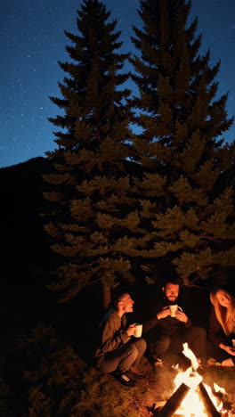 Friends Camping by a Campfire at Night