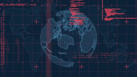 Microprocessor-connections-over-spinning-globe-and-data-processing-on-blue-background