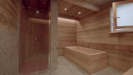 interior view of distinctive wooden luxurious shot of bathroom