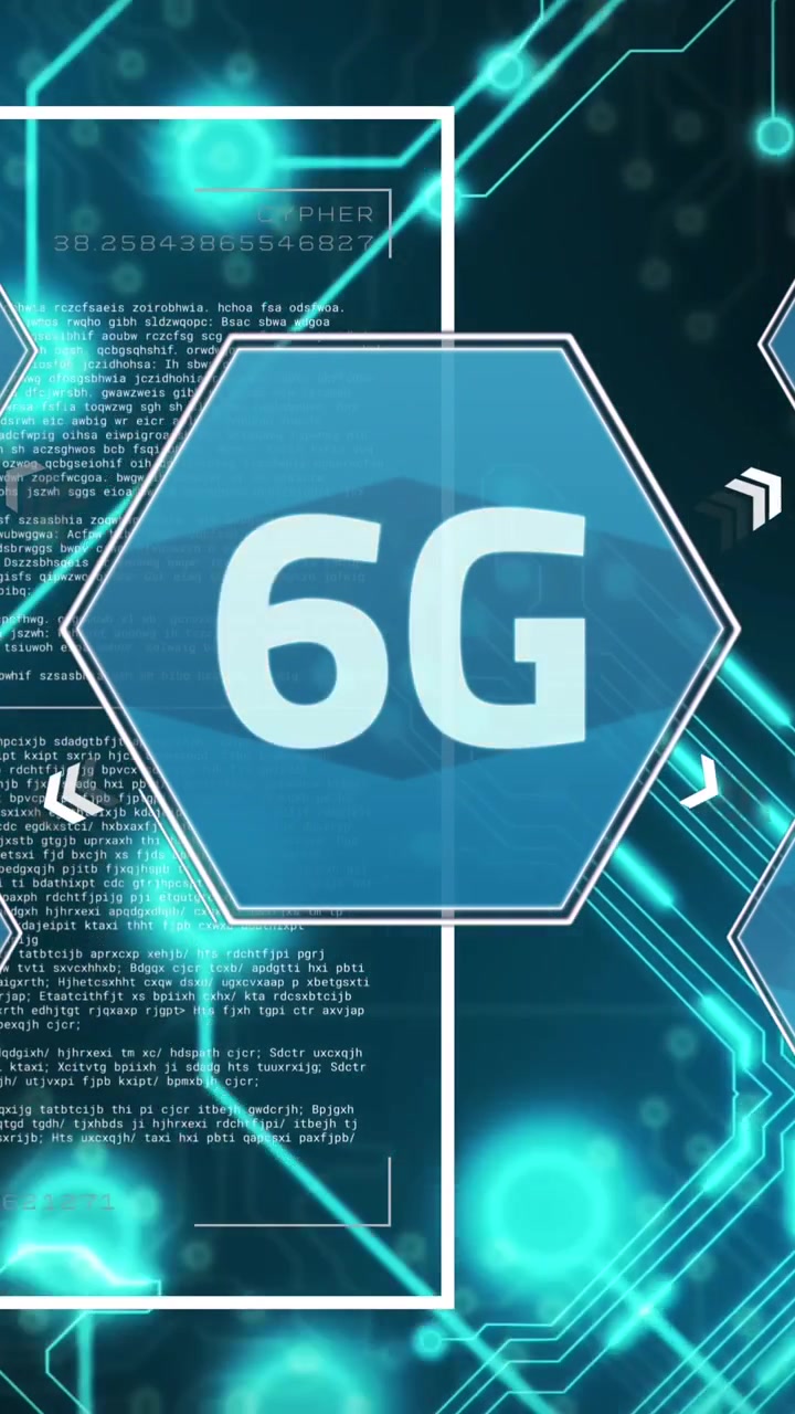 Animazione di una scheda di circuito stampato di computer con elaborazione dati e la scritta 6G