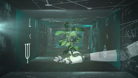Plant sampling over robotic hand against screens with mathematical equations