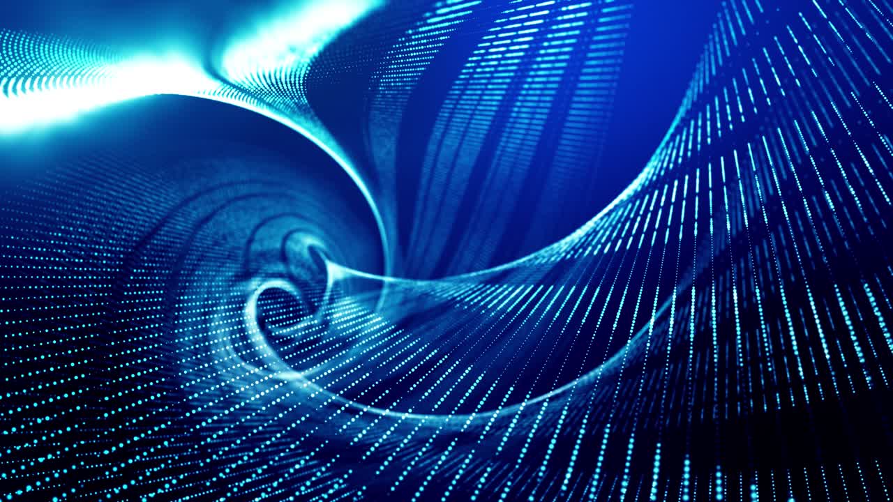 4k looped abstract background of glow particles form lines, surfaces as futuristic landscape in cyberspace or hologram. Sci-fi theme of microworld, nanotechnology or cosmic space. Blue stripes 18