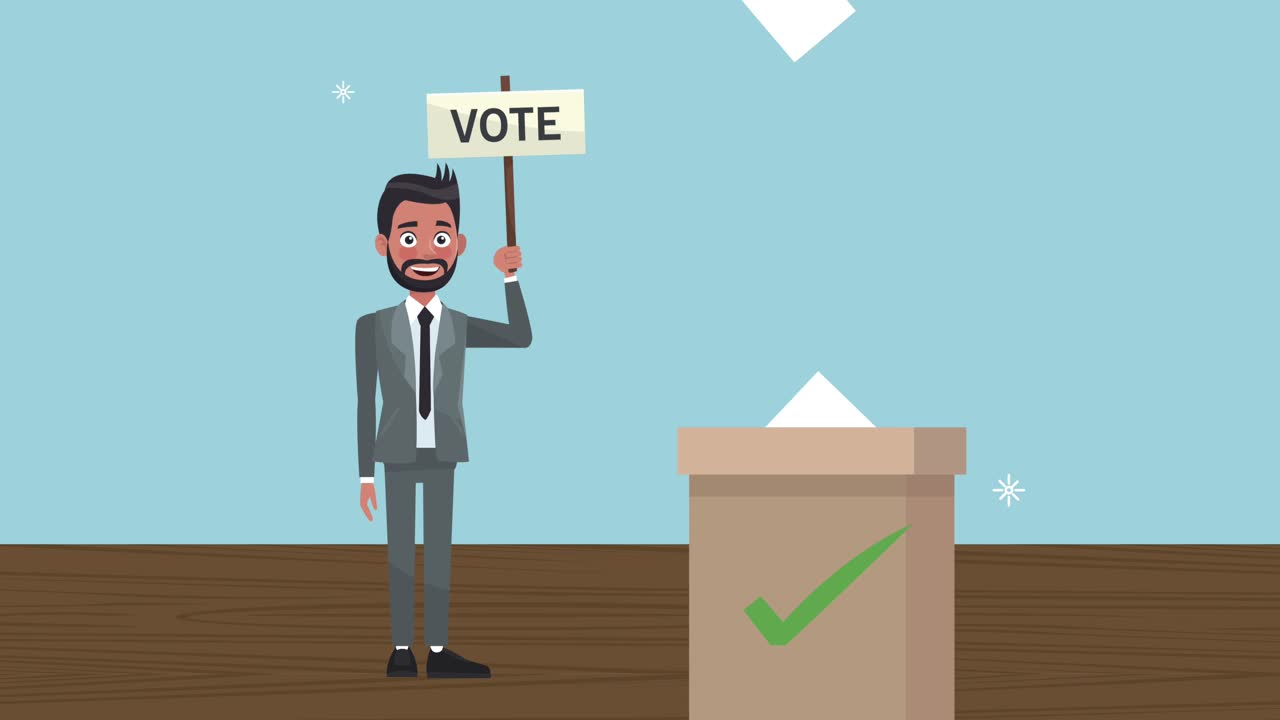 투표 배너와 투표 상자를 들고 있는 남성 후보