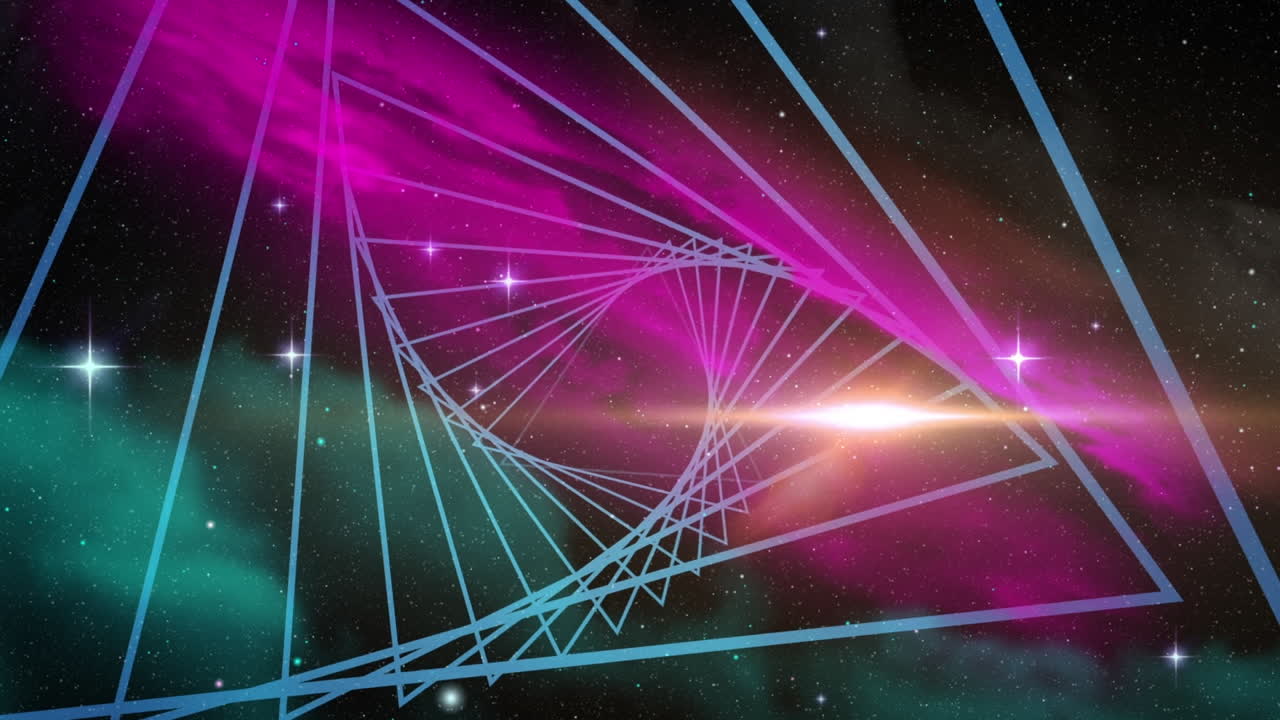 animación de una forma triangular abstracta en un patrón sin costuras sobre estrellas brillantes en el espacio