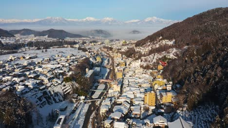 yamanouchi snowy landscape of nagano japan. aerial view