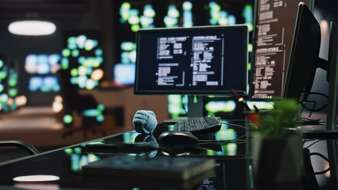 Two monitors data software workplace at night office closeup. No people interior