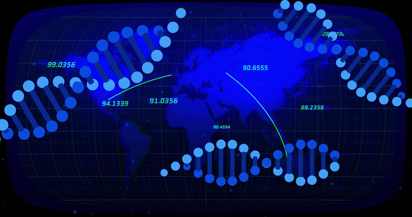 Blue world map receiving data, animating numeric labels, arcs, helix nodes showing geospatial flow