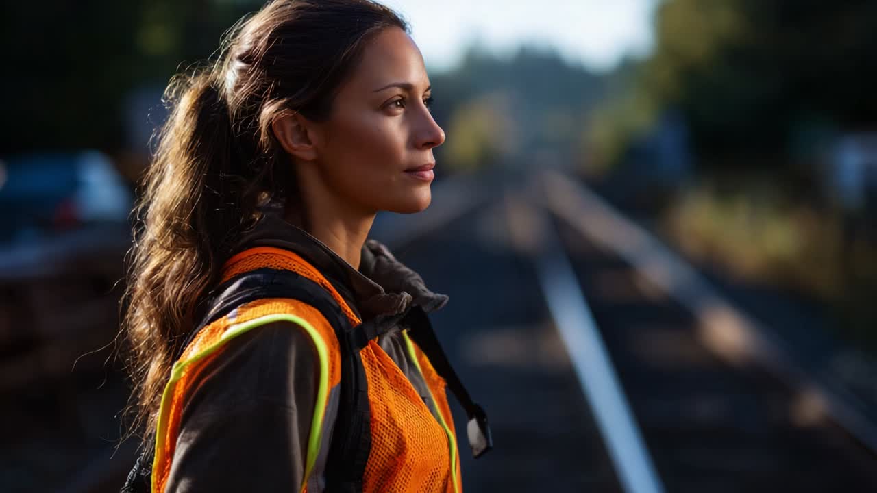 A focused female worker in safety gear stands attentively beside railway tracks, embodying dedication and vigilance while overseeing the transport area, highlighting the importance of safety in her profession