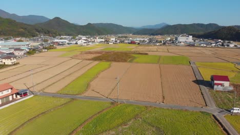 über-Eine-Kleinstadt-Und-Ihre-Felder-In-Japan-Fliegen