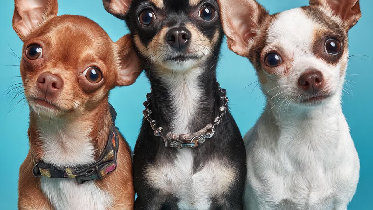 Adorable Trio of Chihuahuas Posing Against a Bright Blue Background, Showcasing Their Unique Personalities and Playful Expressions in a Charming Portrait