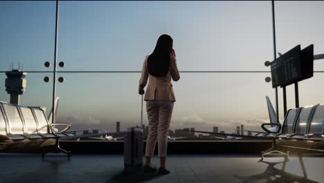 full body back view of asian businesswoman with rolling suitcase in boarding lounge of airline hub, talking on smartphone, waiting for flight, airport terminal with airplane takes off outside the window