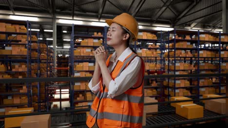 trabajador de almacén orando en una gran instalación de almacenamiento
