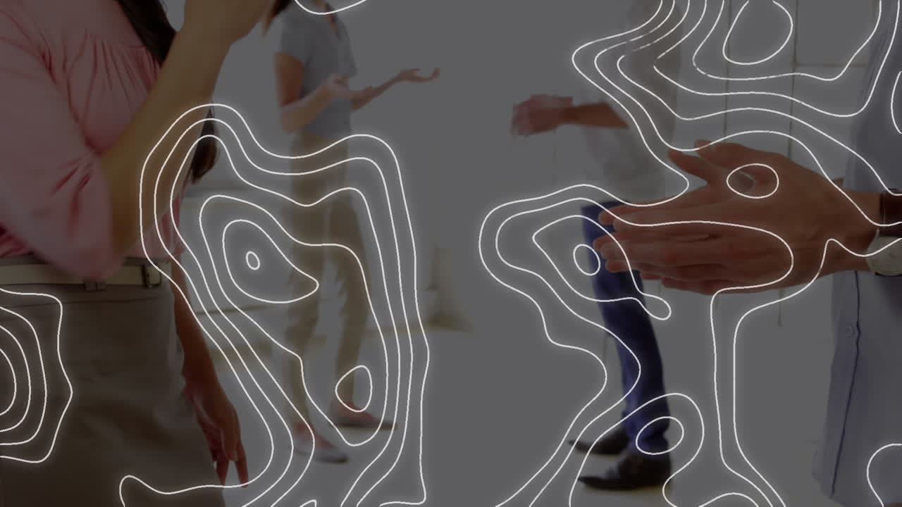 Animation of white map lines over businessman handshake