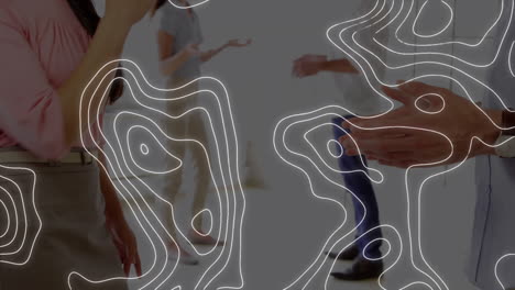 animación de líneas blancas del mapa sobre el apretón de manos del hombre de negocios