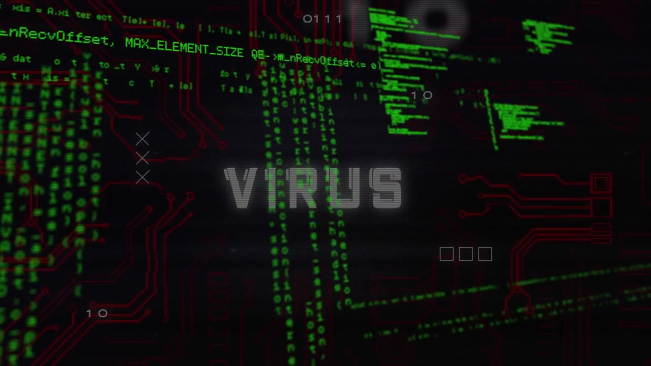 Animation af databehandling og virustekst over et computerprintkort på sort baggrund