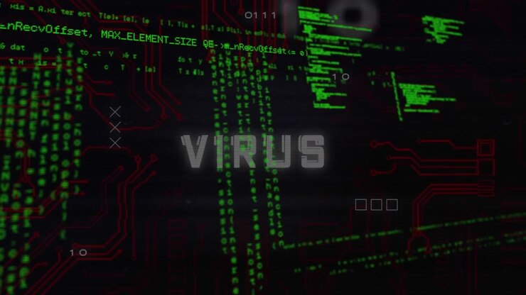 Animation of data processing and virus text over computer circuit board on black background