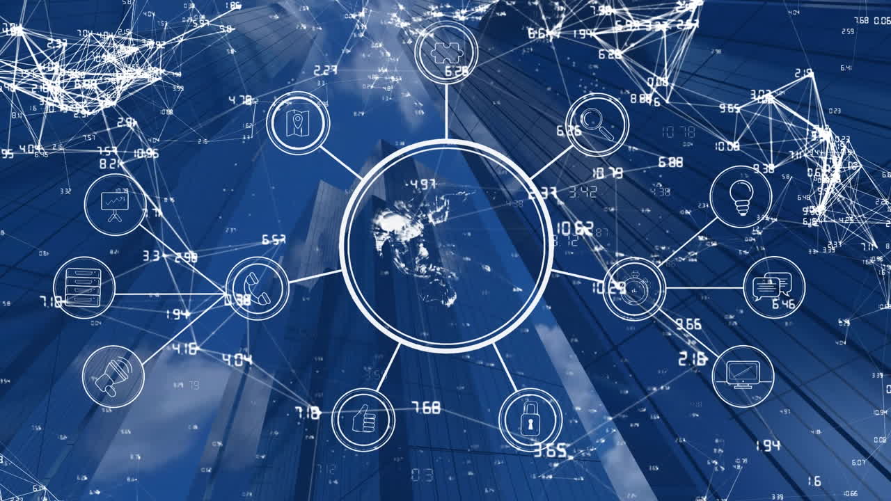 공간에서 아이콘과 수학 코드의 애니메이션
