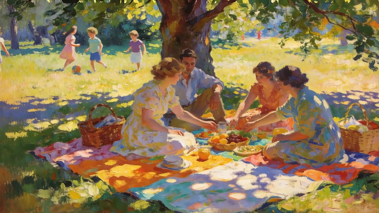 Un groupe en conversation, vêtus de robes et d'une chemise claire, partageant des fruits sous un arbre ombragé, des enfants commençant à courir.