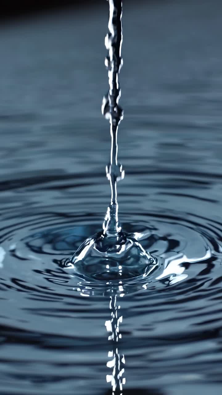 Nahaufnahme eines Videos von Wassertropfen, die Wellen auf einer ruhigen Oberfläche erzeugen, aufgenommen aus einem niedrigen Winkel
