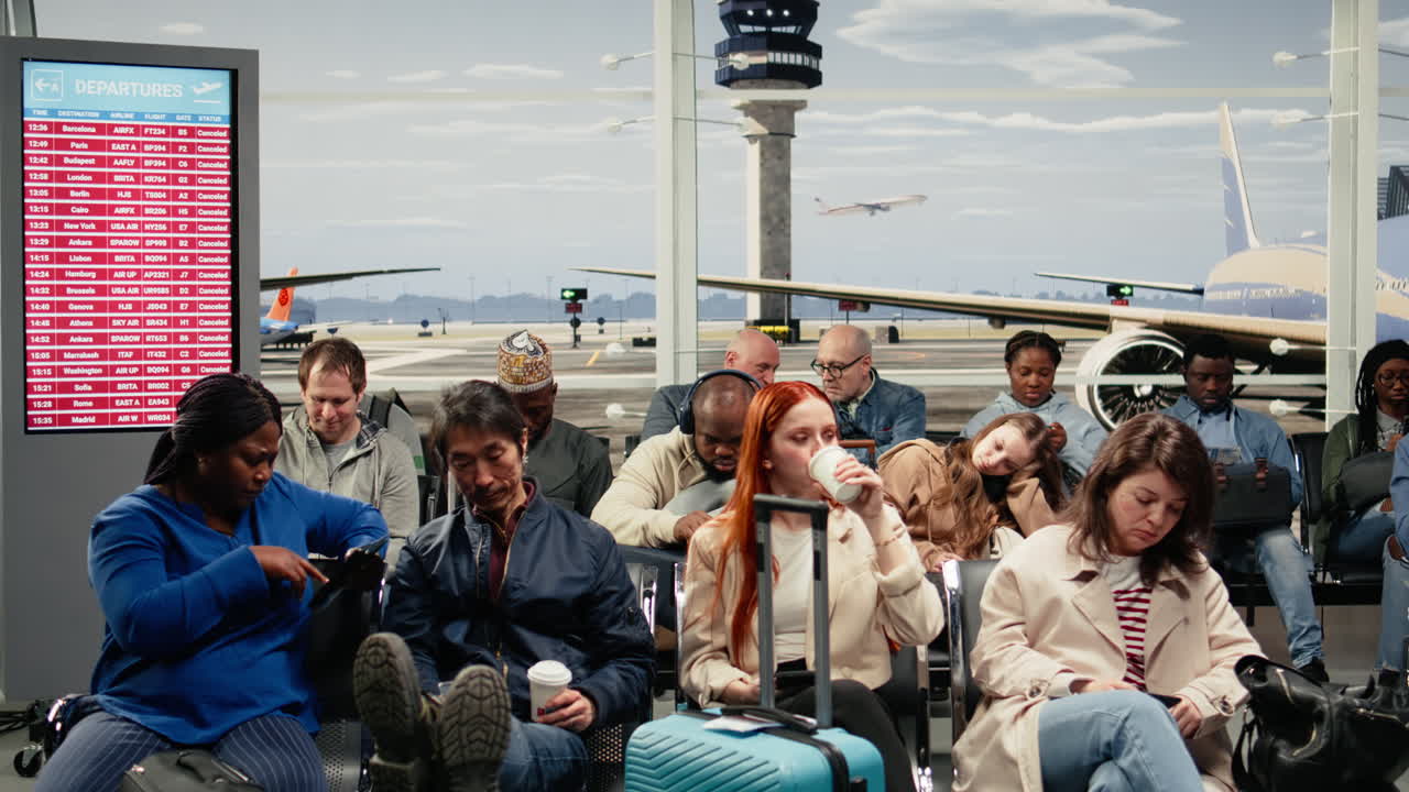 Gelangweilte Touristen warten in der Flughafen-Lounge auf ein anderes Flugzeug nach annulliertem Flug.