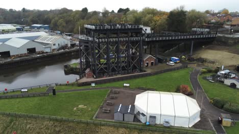 industrial victorian anderton canal boat lift aerial left close orbit view river weaver