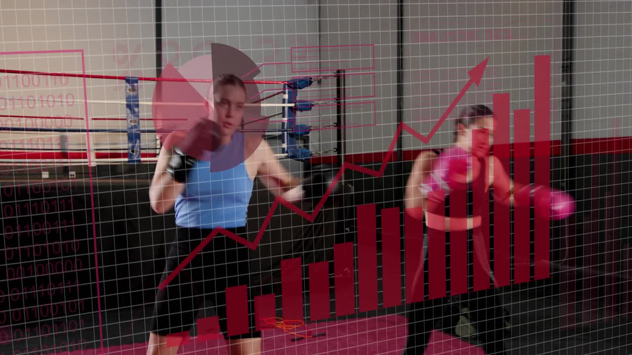 Coach raising hands, two boxers training to refine form, jabs and blocks, charts rising around mat