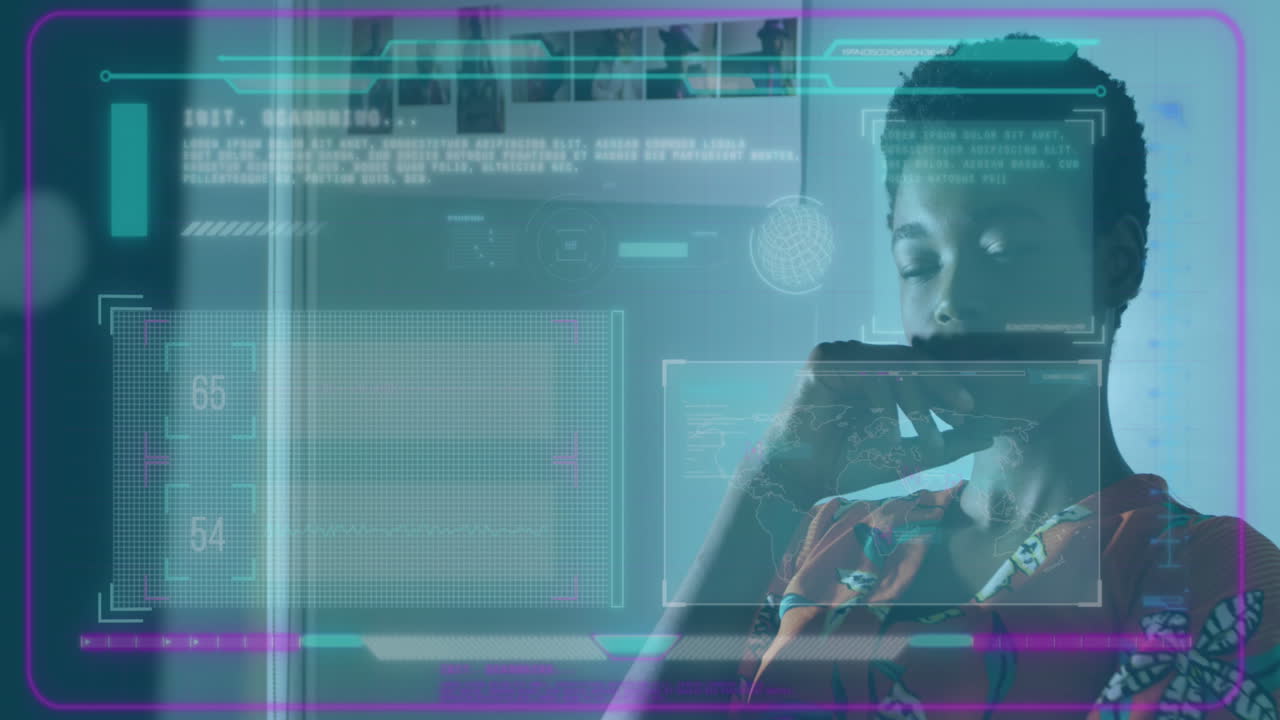 animación del procesamiento de datos sobre una mujer de negocios afroamericana en la oficina