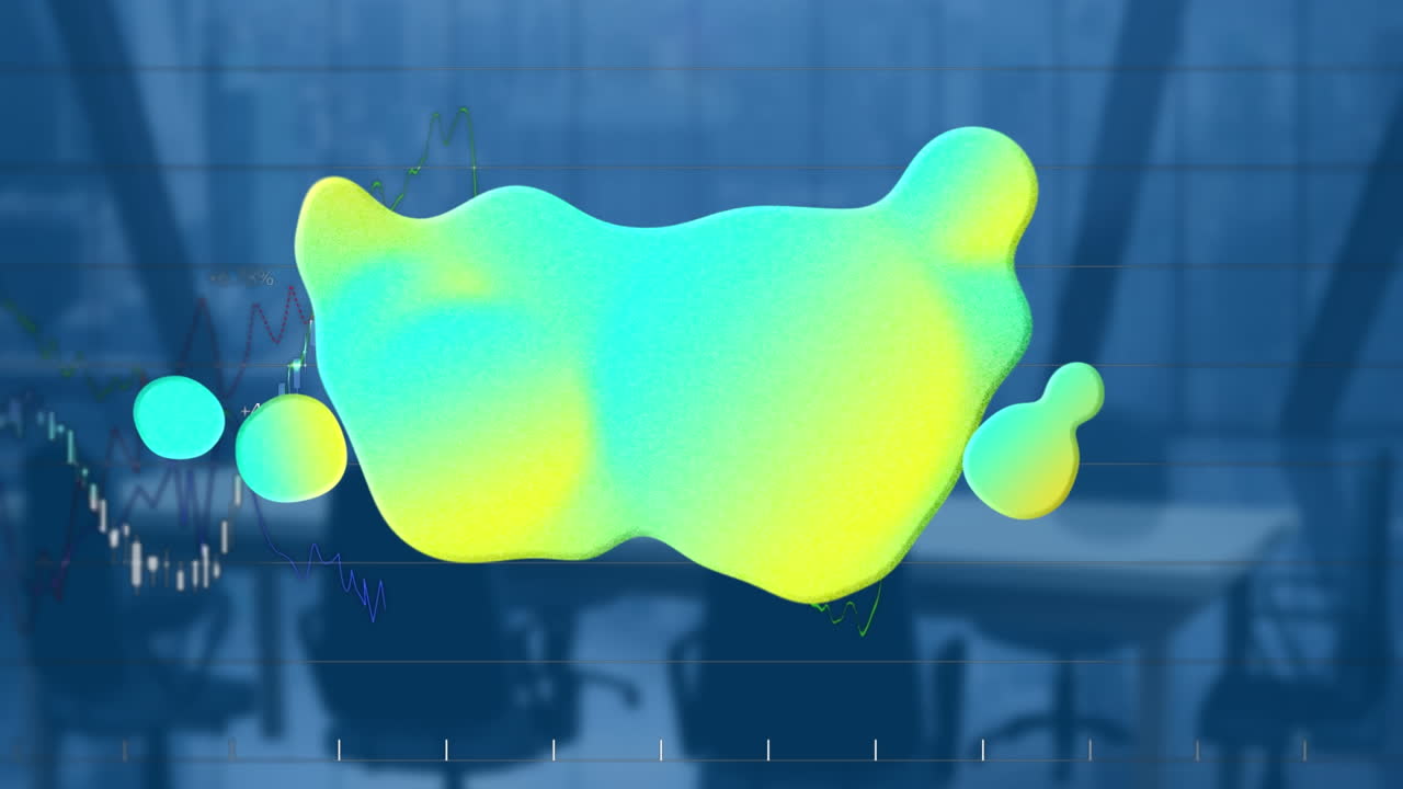 Animation of glowing blob and data processing over empty office