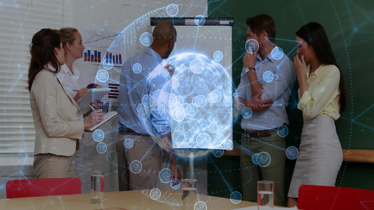 Business team collaborating at flipchart in office, displaying holographic globe with network icons