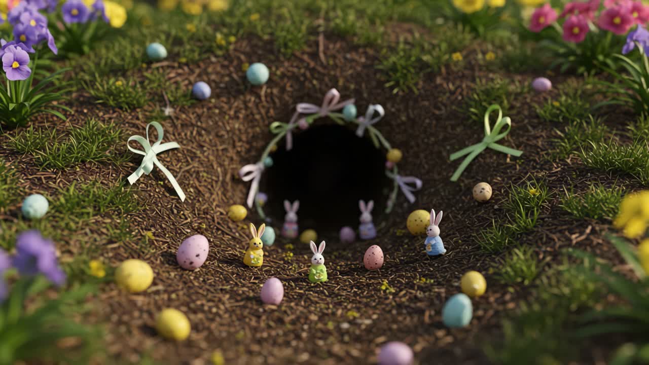 A Whimsical Scene of Colorful Easter Bunnies and Eggs Surrounding a Mysterious Hole, Showcasing the Joy and Spirit of Springtime Celebrations in a Lush Garden