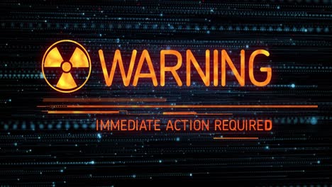 animation of warning text banner and radioactive symbol against glowing blue light trails