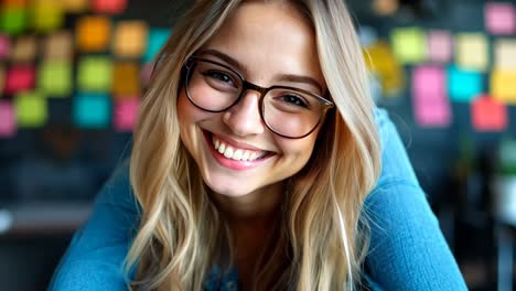 a woman wearing glasses sitting at a table with sticky notes on it
