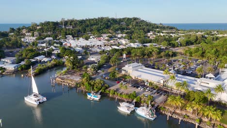 drone footage captures port douglas marina and town with boats, lush greenery, and clear skies in a tropical setting