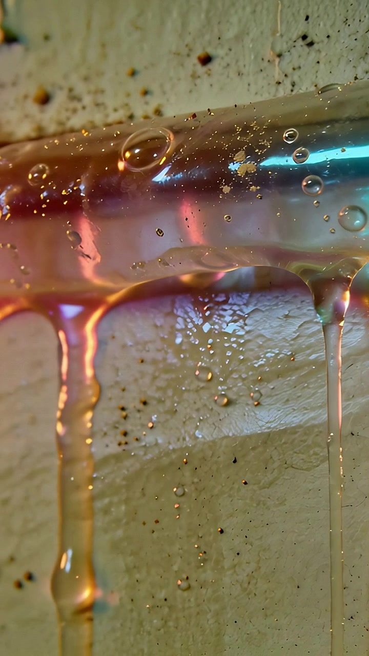 Video verticale: Tubo di metallo che gocciola su una parete dipinta, goccia che si allunga mentre il fluido si raccoglie, color ottanio
