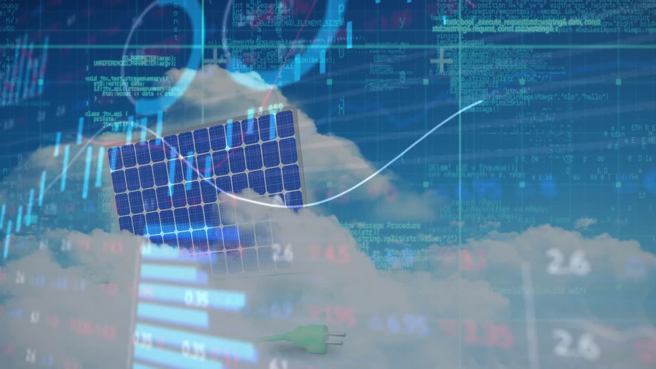 파란 하늘의 구름에 대한 태양 패널을 통해 금융 데이터 처리가