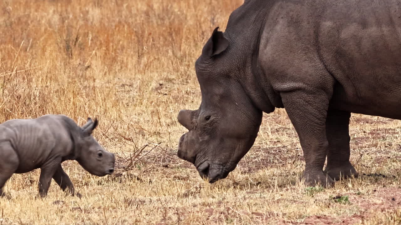Cute white rhino baby playfully runs around near mom in dry field, telephoto