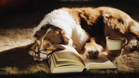 Müder-Hund-Mit-Brille,-Der-Sich-Neben-Dem-Buch-Entspannt