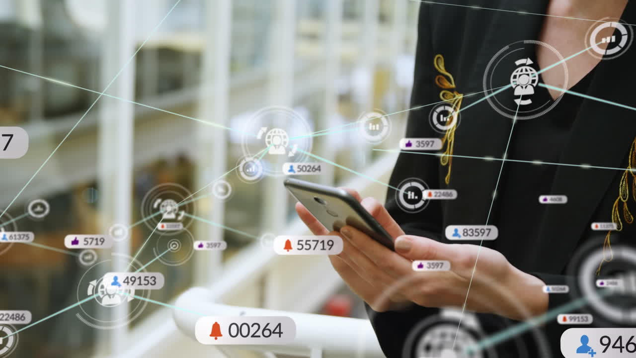 드폰을 사용하는 사업가의 중간 부분에 대한 통지와 함께 연결된 점의 애니메이션