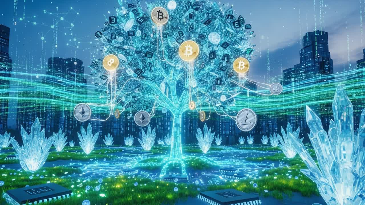 A Glimmering Digital Tree of Knowledge Surrounded by Crypto Symbols and Futuristic Crystals in a Tech-Inspired Urban Landscape