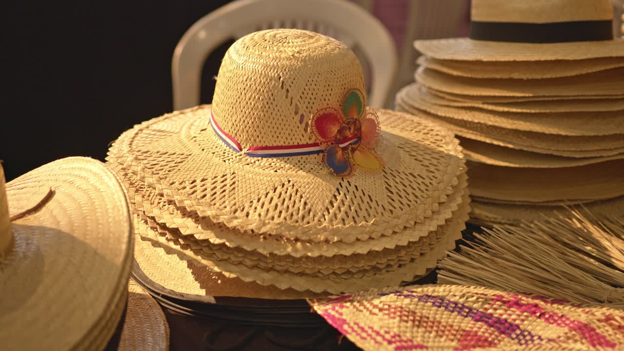 Street market exhibition of straw hats, also known as 'piri hat' in Paraguay, a traditional hat worn by farmers and rural workers