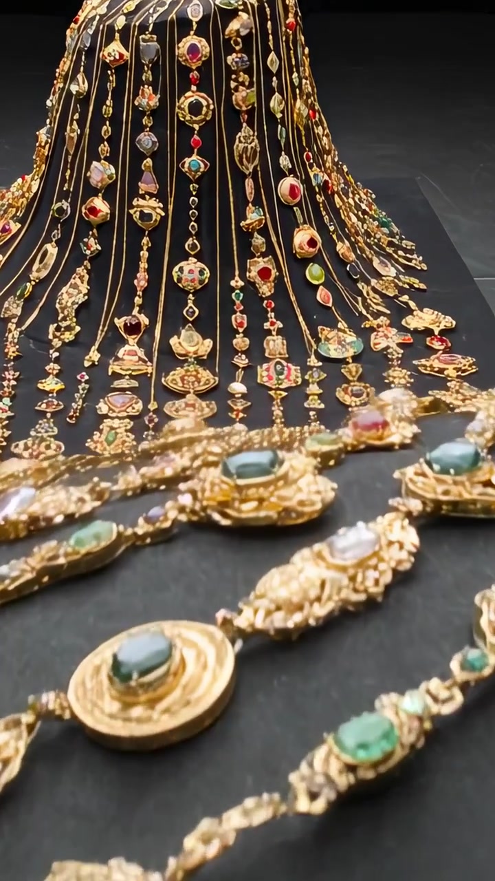 Video verticale: La telecamera si allontana rivelando catene d'oro e pendenti su un tavolo da studio che mostrano gemme.