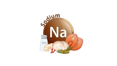 a sodium symbol animates in, followed by the appearance of a salt shaker, vegetables, and herbs, illustrating dietary sodium sources in a clean, white setting