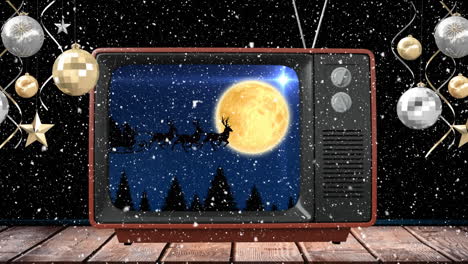 animation of santa claus in sleigh with reindeer at christmas on tv, with snow falling at night