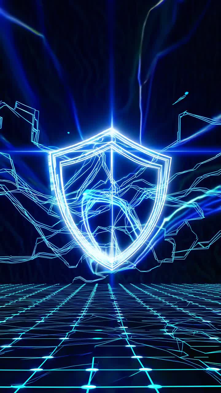 Futuristic digital shield with electric blue lines, captured from a low angle